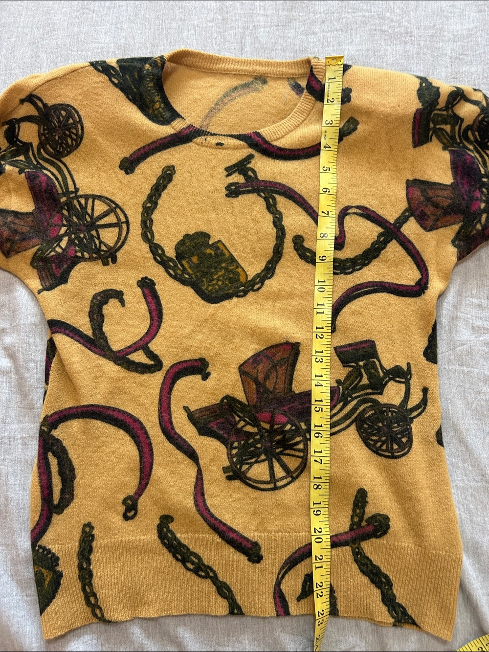 Vintage 90s Mustard Western Equestrian Print Sweater Shoulder Pads Estimated M/L - Picture 5 of 11